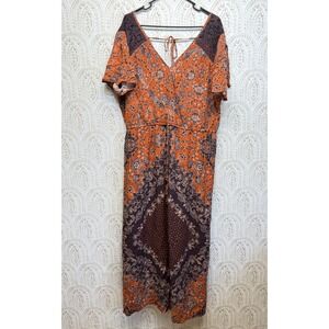 Maurices Maxi Dress Women 2 Orange Floral Boho Lace V-Neck Short Sleeve Slit
